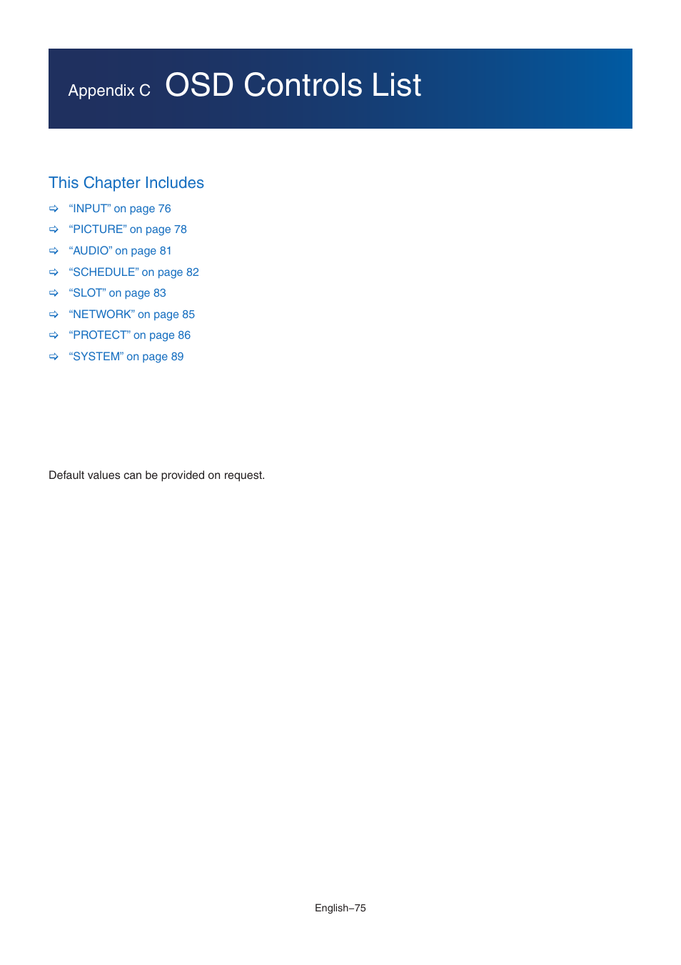 Osd controls list, Appendix c, This chapter includes | NEC MultiSync M491 49" Class HDR 4K UHD Commercial IPS LED Display User Manual | Page 79 / 97