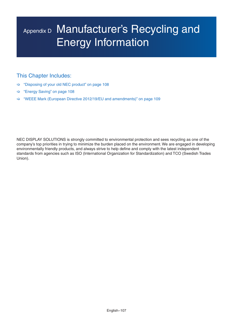 Manufacturer’s recycling and energy information | NEC MA Series 43" 4K Commercial Display with Media Player and Raspberry Pi Compute Module 4 SoC User Manual | Page 111 / 113