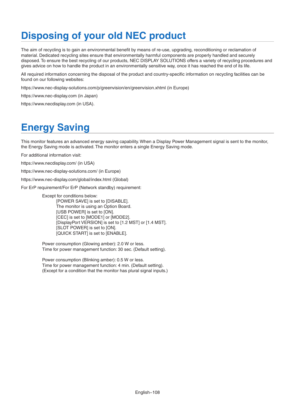 Disposing of your old nec product, Energy saving | NEC MA Series 43" 4K Commercial Display with Media Player and Raspberry Pi Compute Module 4 SoC User Manual | Page 112 / 113