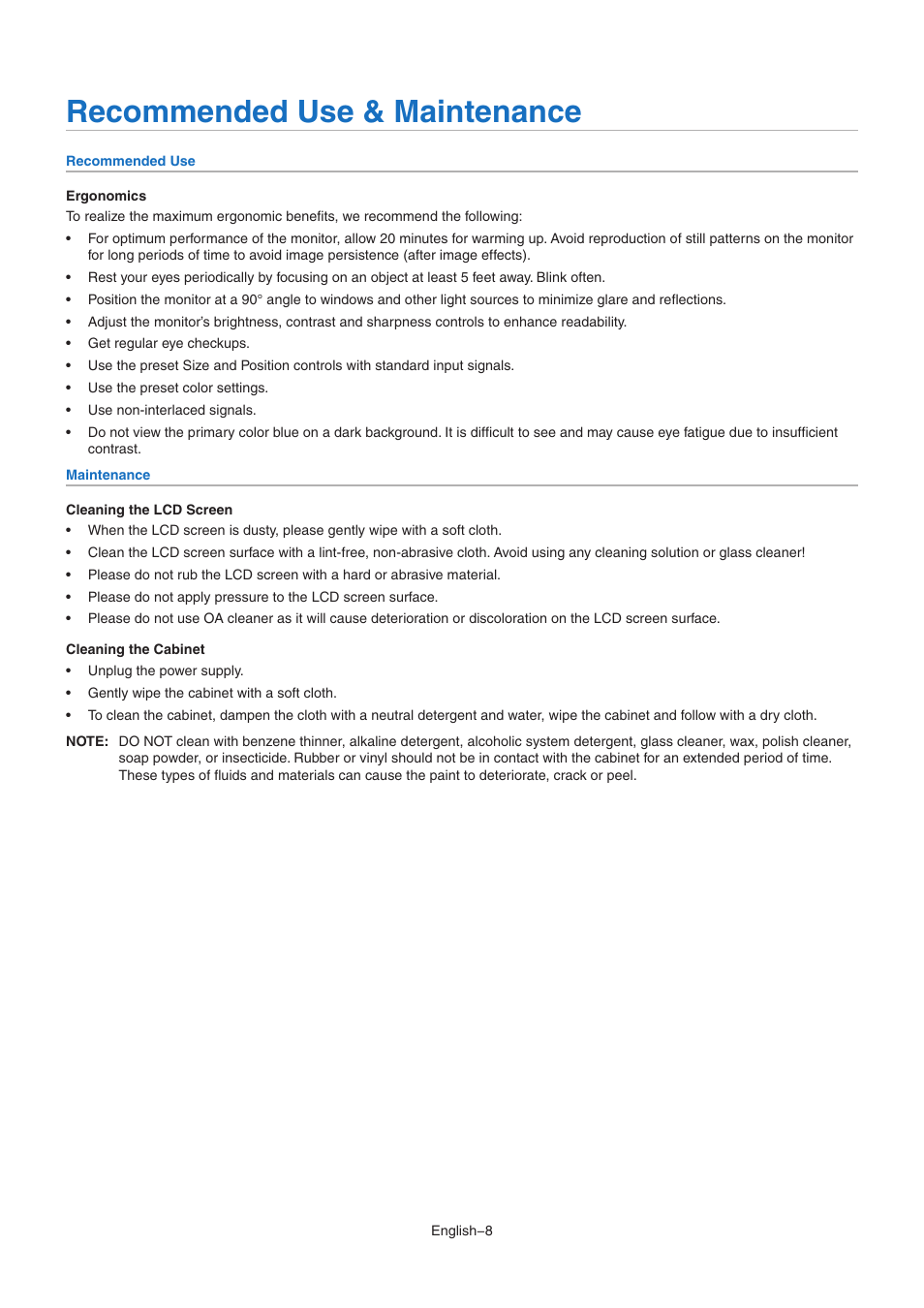 Recommended use & maintenance, Recommended use, Maintenance | Recommended use maintenance | NEC MA Series 43" 4K Commercial Display with Media Player and Raspberry Pi Compute Module 4 SoC User Manual | Page 12 / 113