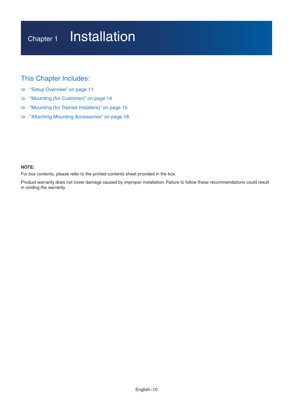 Installation, Chapter 1, This chapter includes | NEC MA Series 43" 4K Commercial Display with Media Player and Raspberry Pi Compute Module 4 SoC User Manual | Page 14 / 113