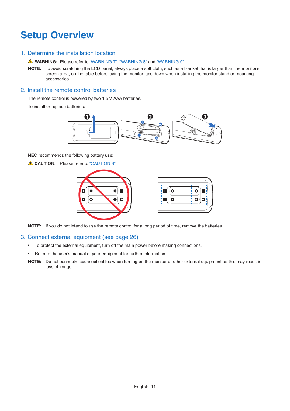 Setup overview, Determine the installation location, Install the remote control batteries | Connect exter nal equipment (see page 26) | NEC MA Series 43" 4K Commercial Display with Media Player and Raspberry Pi Compute Module 4 SoC User Manual | Page 15 / 113