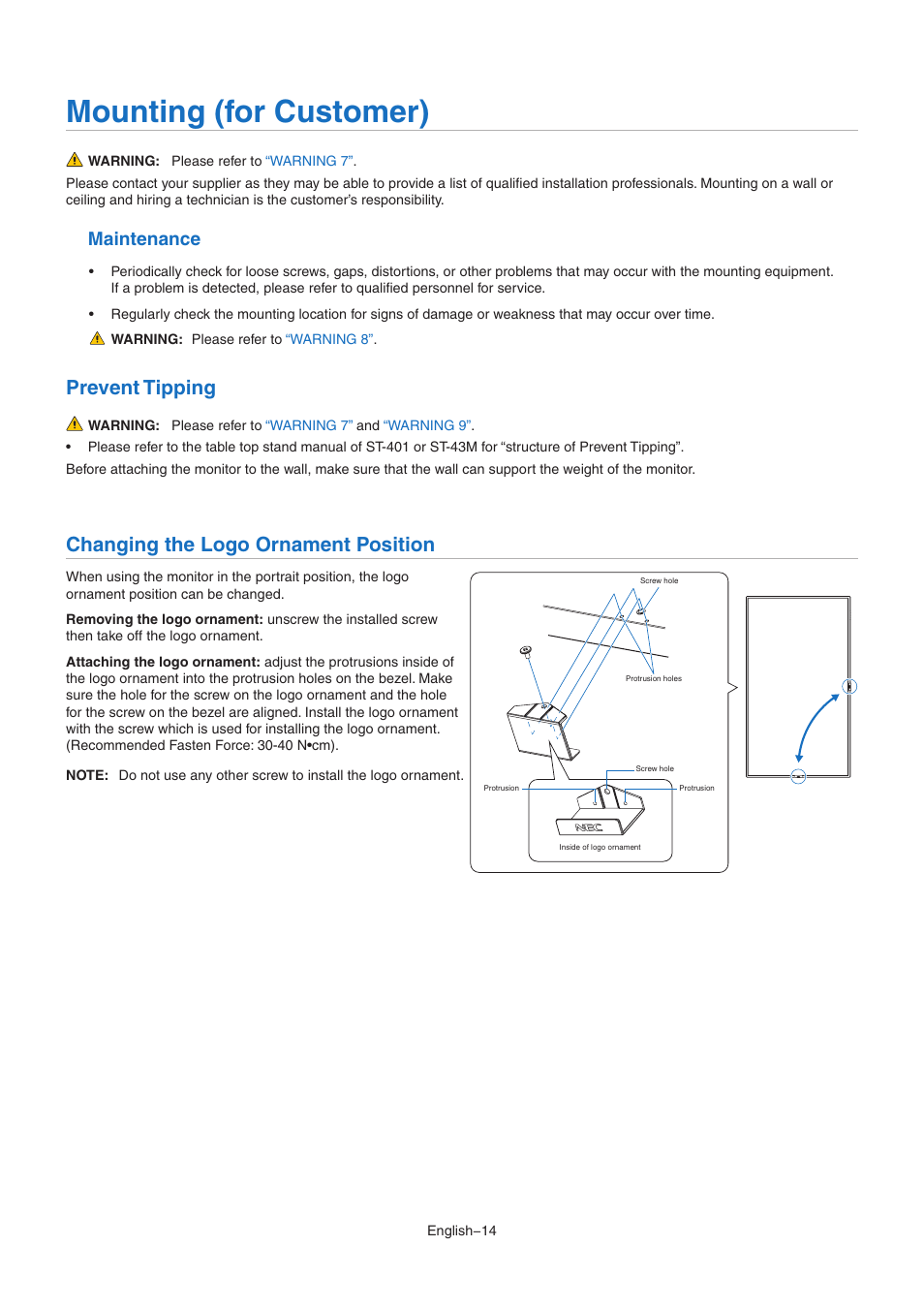 Mounting (for customer), Prevent tipping, Changing the logo ornament position | Maintenance | NEC MA Series 43" 4K Commercial Display with Media Player and Raspberry Pi Compute Module 4 SoC User Manual | Page 18 / 113