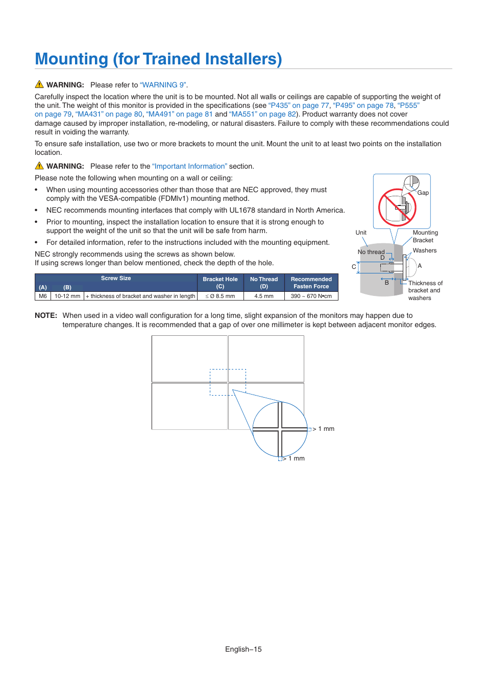 Mounting (for trained installers) | NEC MA Series 43" 4K Commercial Display with Media Player and Raspberry Pi Compute Module 4 SoC User Manual | Page 19 / 113