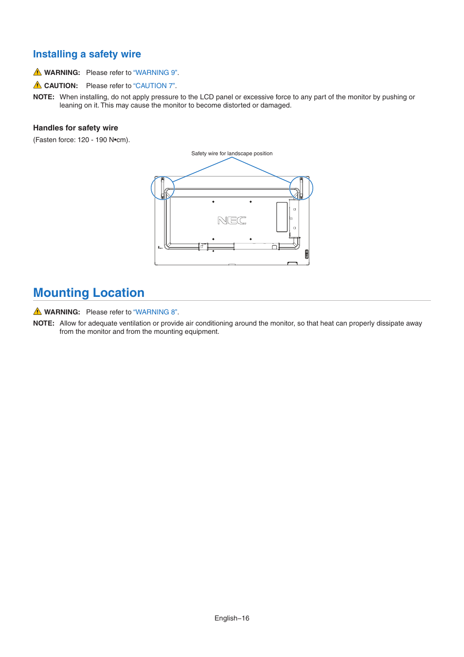 Mounting location, Installing a safety wire | NEC MA Series 43" 4K Commercial Display with Media Player and Raspberry Pi Compute Module 4 SoC User Manual | Page 20 / 113