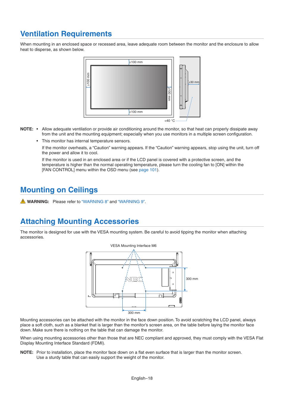 Ventilation requirements, Mounting on ceilings, Attaching mounting accessories | NEC MA Series 43" 4K Commercial Display with Media Player and Raspberry Pi Compute Module 4 SoC User Manual | Page 22 / 113