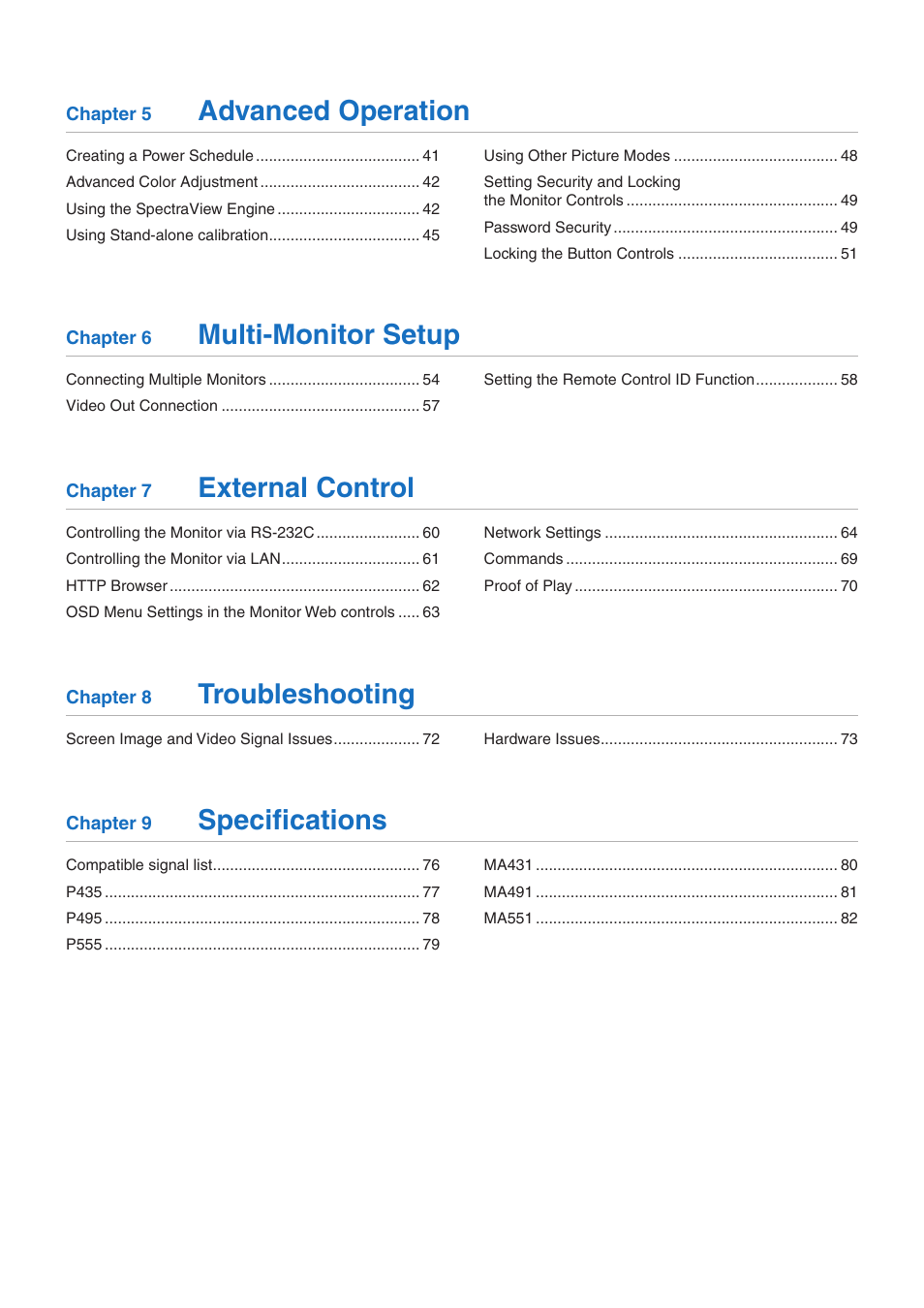 Advanced operation, Multi-monitor setup, External control | Troubleshooting, Specifications | NEC MA Series 43" 4K Commercial Display with Media Player and Raspberry Pi Compute Module 4 SoC User Manual | Page 3 / 113