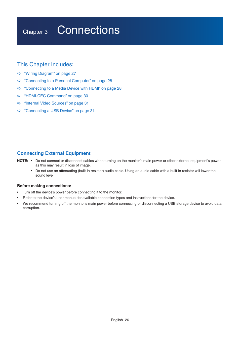 Connections, Chapter 3, This chapter includes | NEC MA Series 43" 4K Commercial Display with Media Player and Raspberry Pi Compute Module 4 SoC User Manual | Page 30 / 113