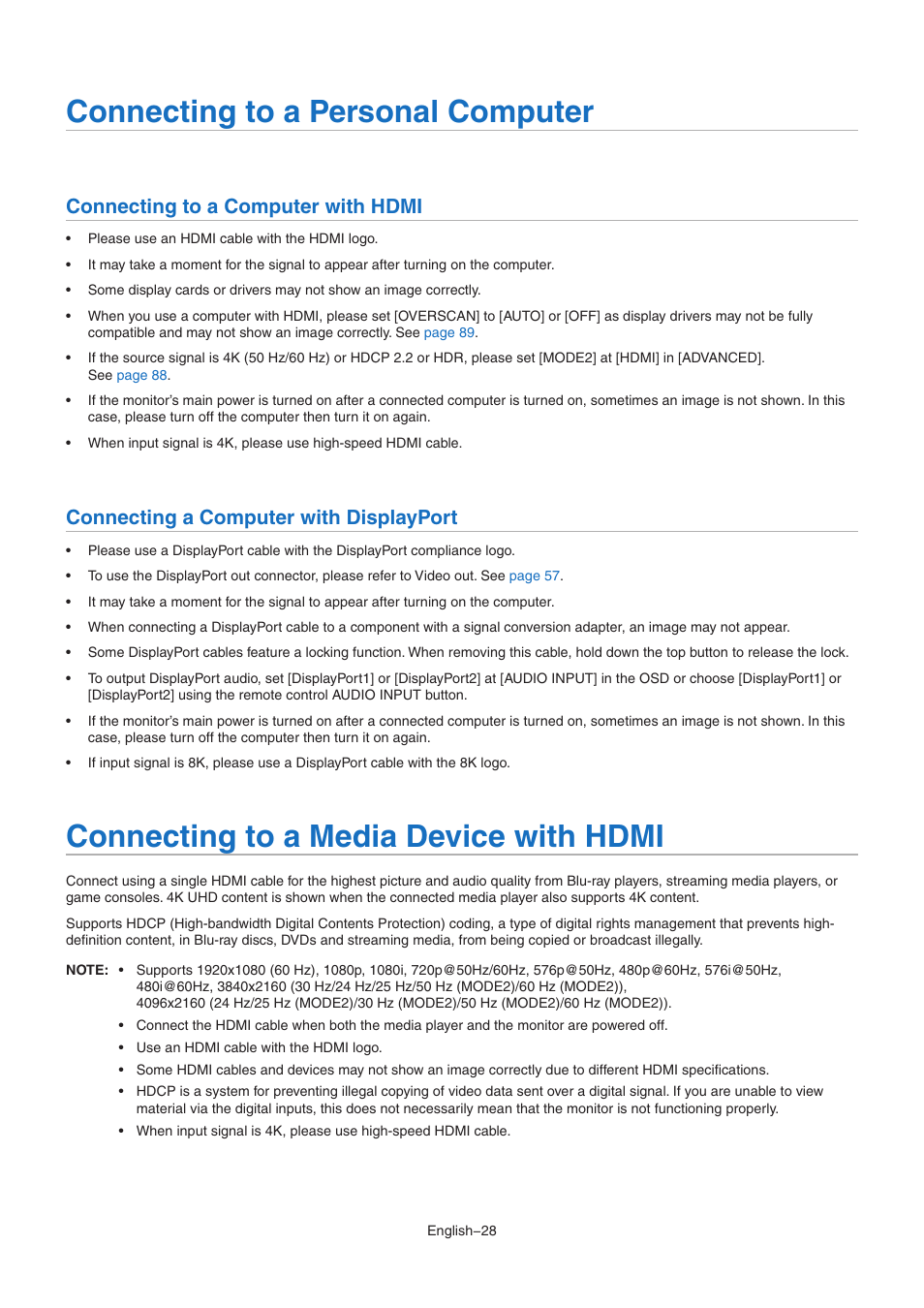 Connecting to a personal computer, Connecting to a media device with hdmi, Connecting to a computer with hdmi | Connecting a computer with displayport | NEC MA Series 43" 4K Commercial Display with Media Player and Raspberry Pi Compute Module 4 SoC User Manual | Page 32 / 113