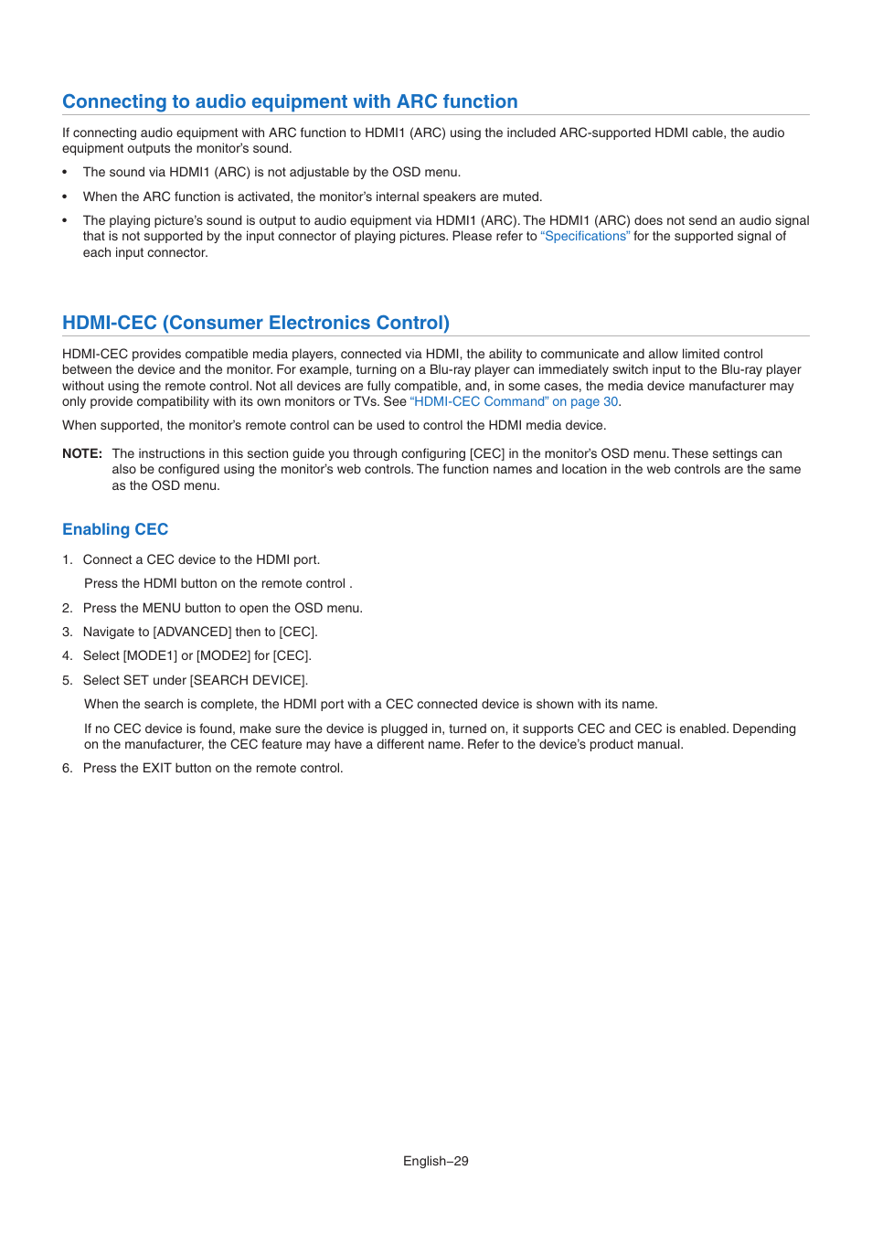 Connecting to audio equipment with arc function, Hdmi-cec (consumer electronics control) | NEC MA Series 43" 4K Commercial Display with Media Player and Raspberry Pi Compute Module 4 SoC User Manual | Page 33 / 113