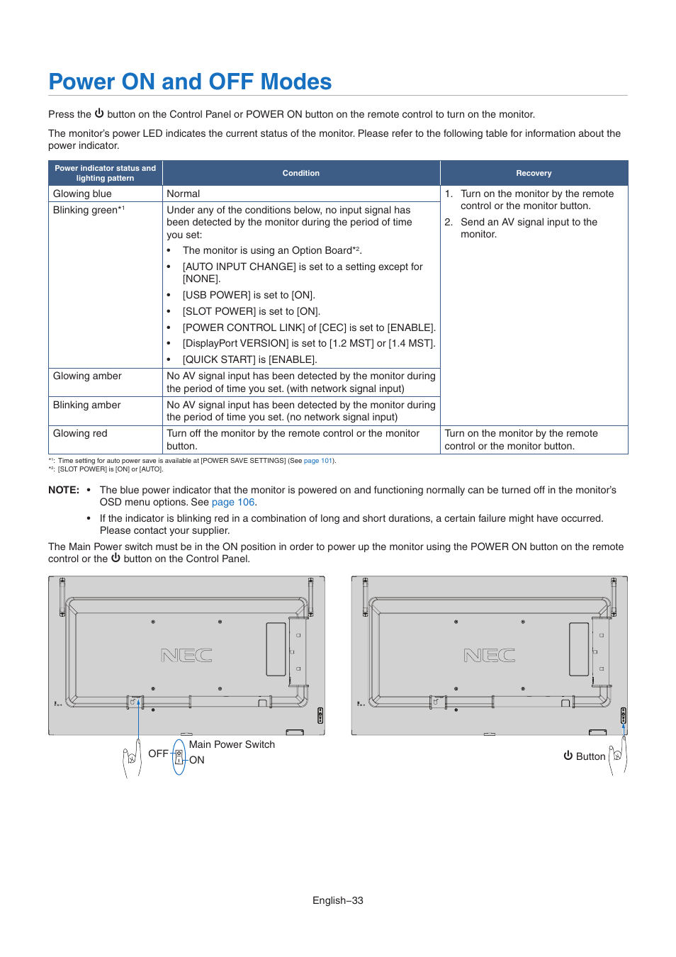 Power on and off modes | NEC MA Series 43" 4K Commercial Display with Media Player and Raspberry Pi Compute Module 4 SoC User Manual | Page 37 / 113