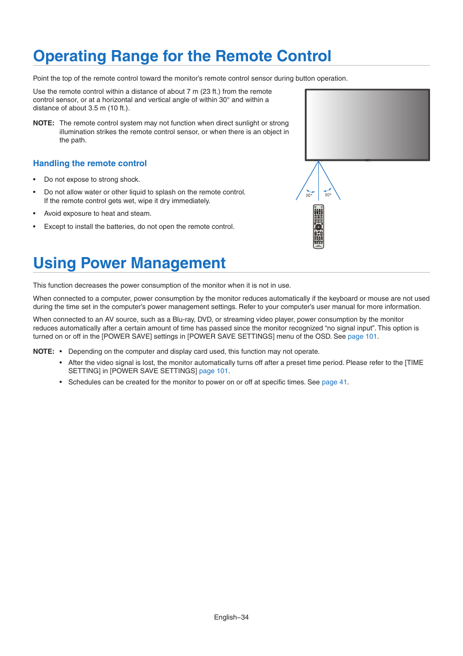 Operating range for the remote control, Using power management | NEC MA Series 43" 4K Commercial Display with Media Player and Raspberry Pi Compute Module 4 SoC User Manual | Page 38 / 113