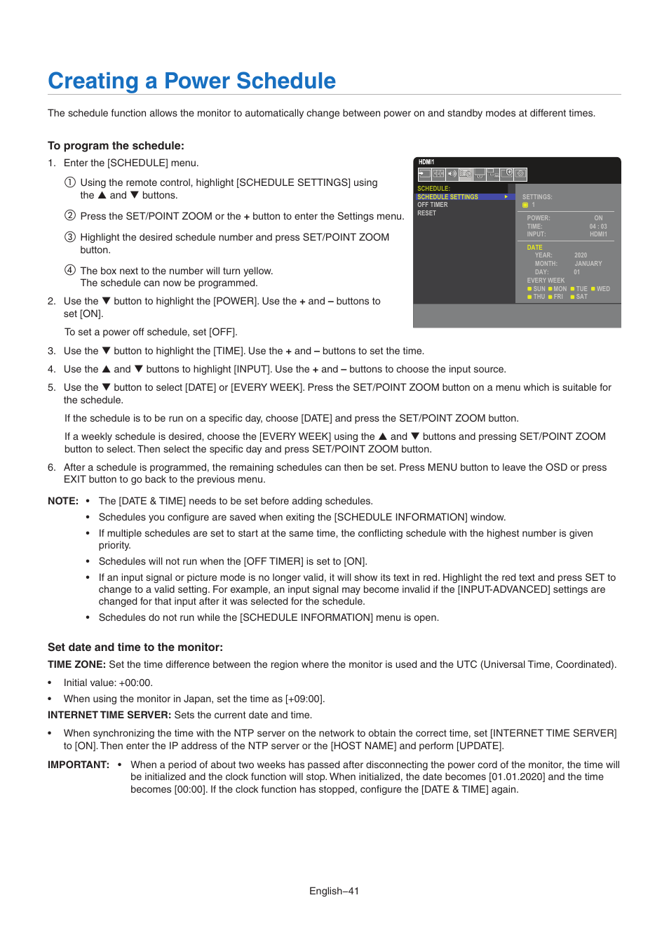 Creating a power schedule | NEC MA Series 43" 4K Commercial Display with Media Player and Raspberry Pi Compute Module 4 SoC User Manual | Page 45 / 113