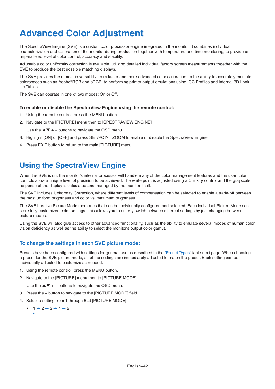 Advanced color adjustment, Using the spectraview engine | NEC MA Series 43" 4K Commercial Display with Media Player and Raspberry Pi Compute Module 4 SoC User Manual | Page 46 / 113