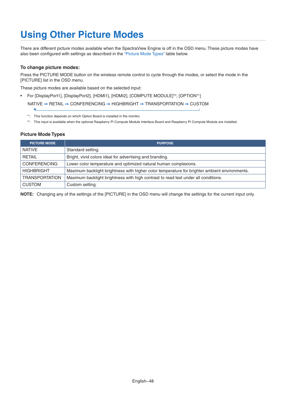 Using other picture modes | NEC MA Series 43" 4K Commercial Display with Media Player and Raspberry Pi Compute Module 4 SoC User Manual | Page 52 / 113