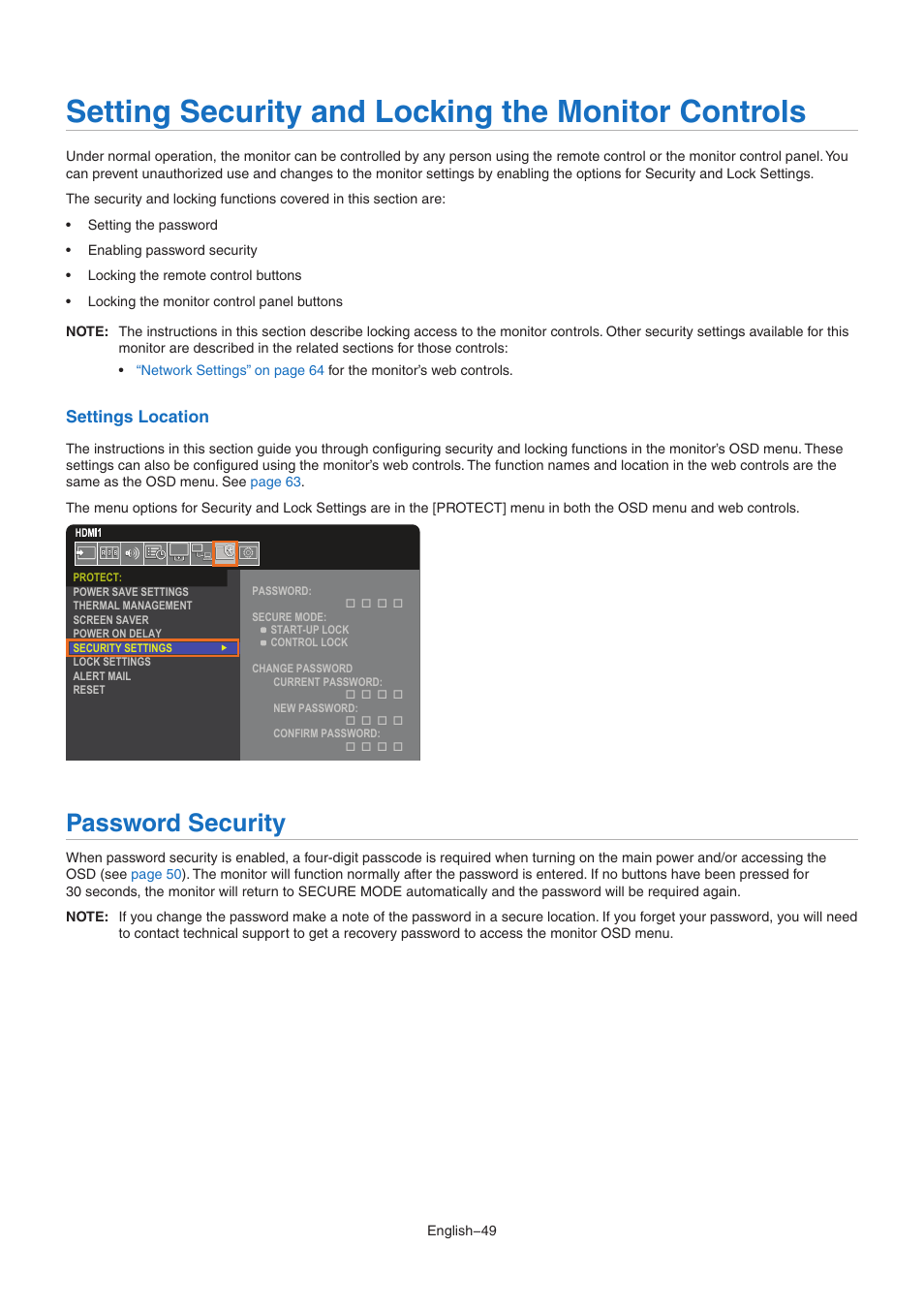 Setting security and locking the monitor controls, Password security, Settings location | NEC MA Series 43" 4K Commercial Display with Media Player and Raspberry Pi Compute Module 4 SoC User Manual | Page 53 / 113