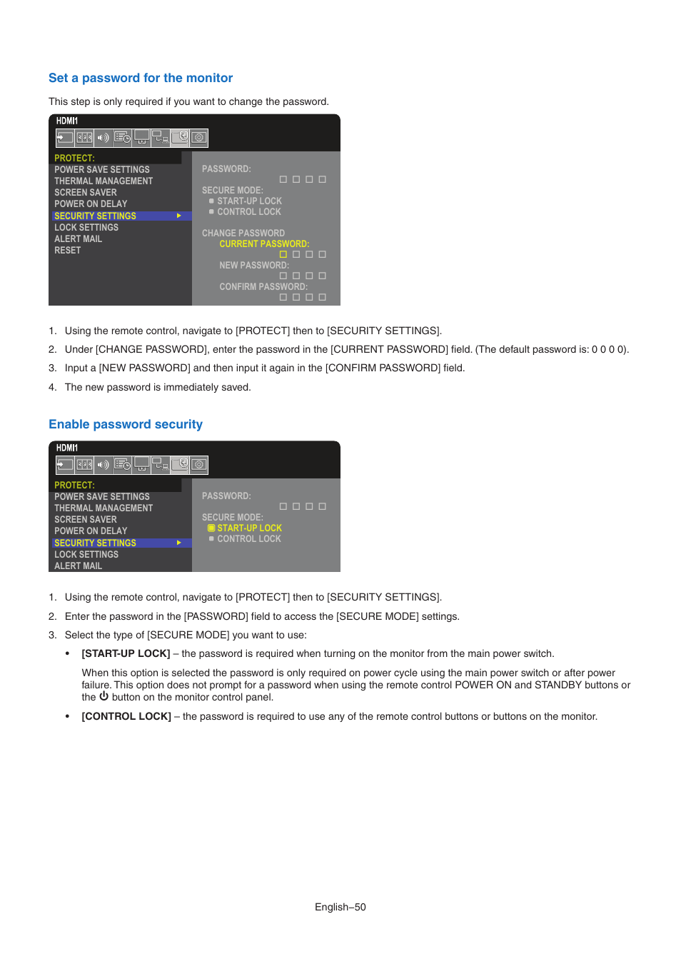 Osd (see, Set a password for the monitor, Enable password security | NEC MA Series 43" 4K Commercial Display with Media Player and Raspberry Pi Compute Module 4 SoC User Manual | Page 54 / 113