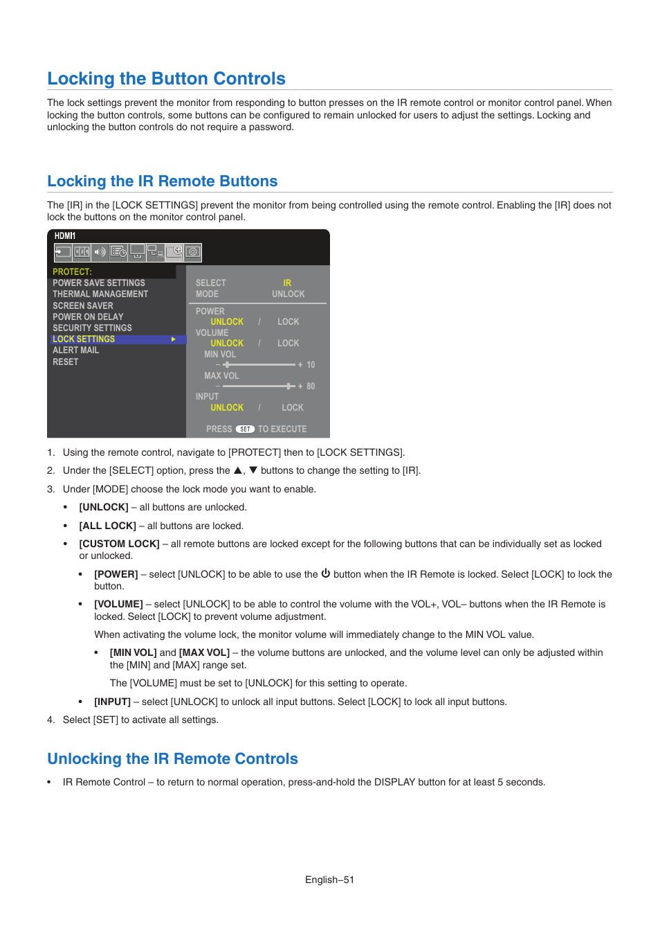 Locking the button controls, Locking the ir remote buttons, Unlocking the ir remote controls | NEC MA Series 43" 4K Commercial Display with Media Player and Raspberry Pi Compute Module 4 SoC User Manual | Page 55 / 113