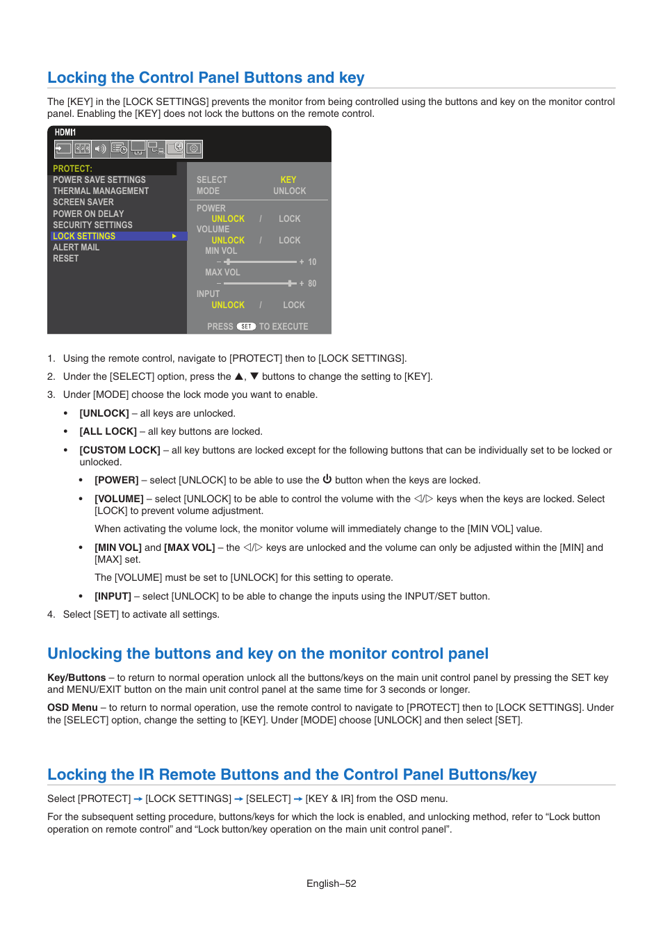 Locking the control panel buttons and key | NEC MA Series 43" 4K Commercial Display with Media Player and Raspberry Pi Compute Module 4 SoC User Manual | Page 56 / 113