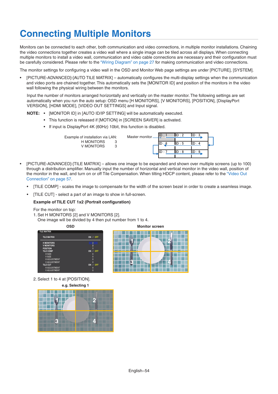 Connecting multiple monitors, English−54, Select 1 to 4 at [position | NEC MA Series 43" 4K Commercial Display with Media Player and Raspberry Pi Compute Module 4 SoC User Manual | Page 58 / 113