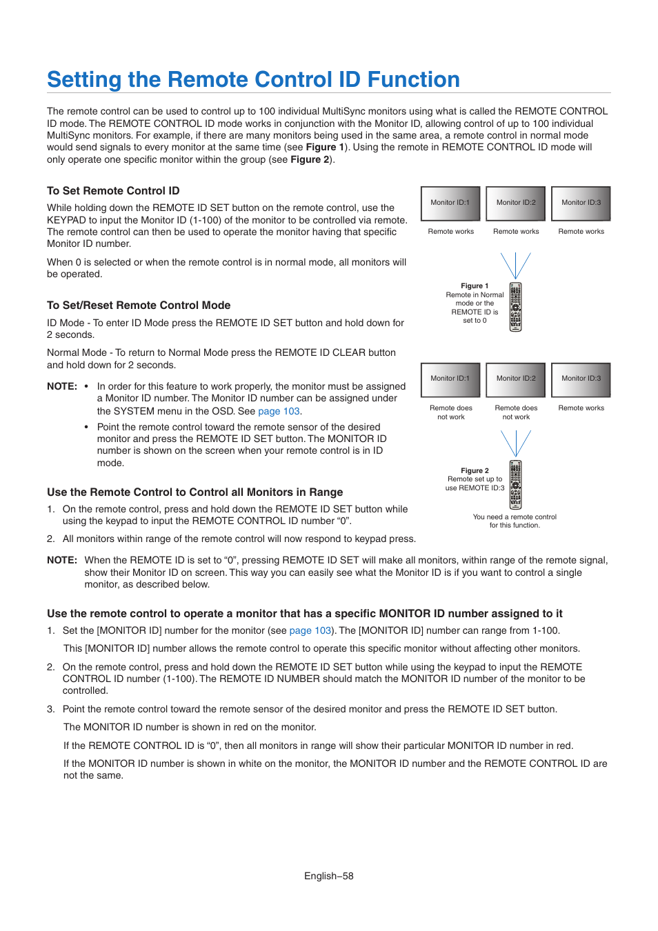 Setting the remote control id function | NEC MA Series 43" 4K Commercial Display with Media Player and Raspberry Pi Compute Module 4 SoC User Manual | Page 62 / 113