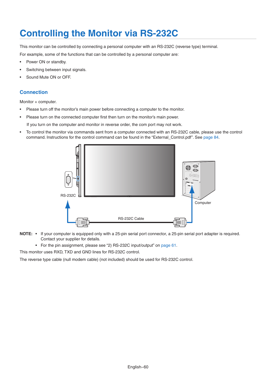 Controlling the monitor via rs-232c | NEC MA Series 43" 4K Commercial Display with Media Player and Raspberry Pi Compute Module 4 SoC User Manual | Page 64 / 113