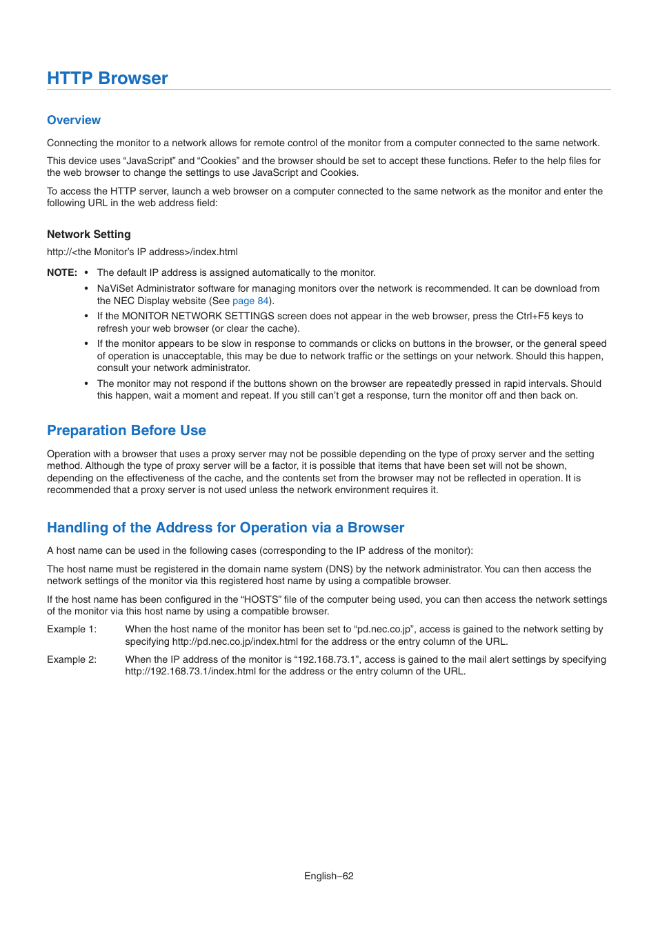 Http browser, Preparation before use | NEC MA Series 43" 4K Commercial Display with Media Player and Raspberry Pi Compute Module 4 SoC User Manual | Page 66 / 113