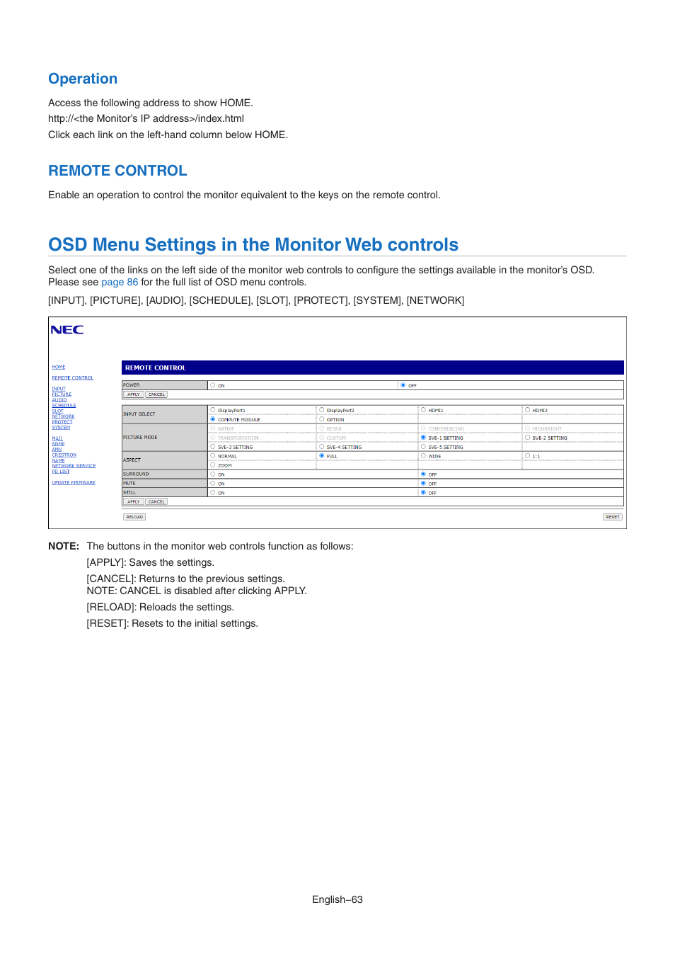 Osd menu settings in the monitor web controls, Operation, Remote control | NEC MA Series 43" 4K Commercial Display with Media Player and Raspberry Pi Compute Module 4 SoC User Manual | Page 67 / 113