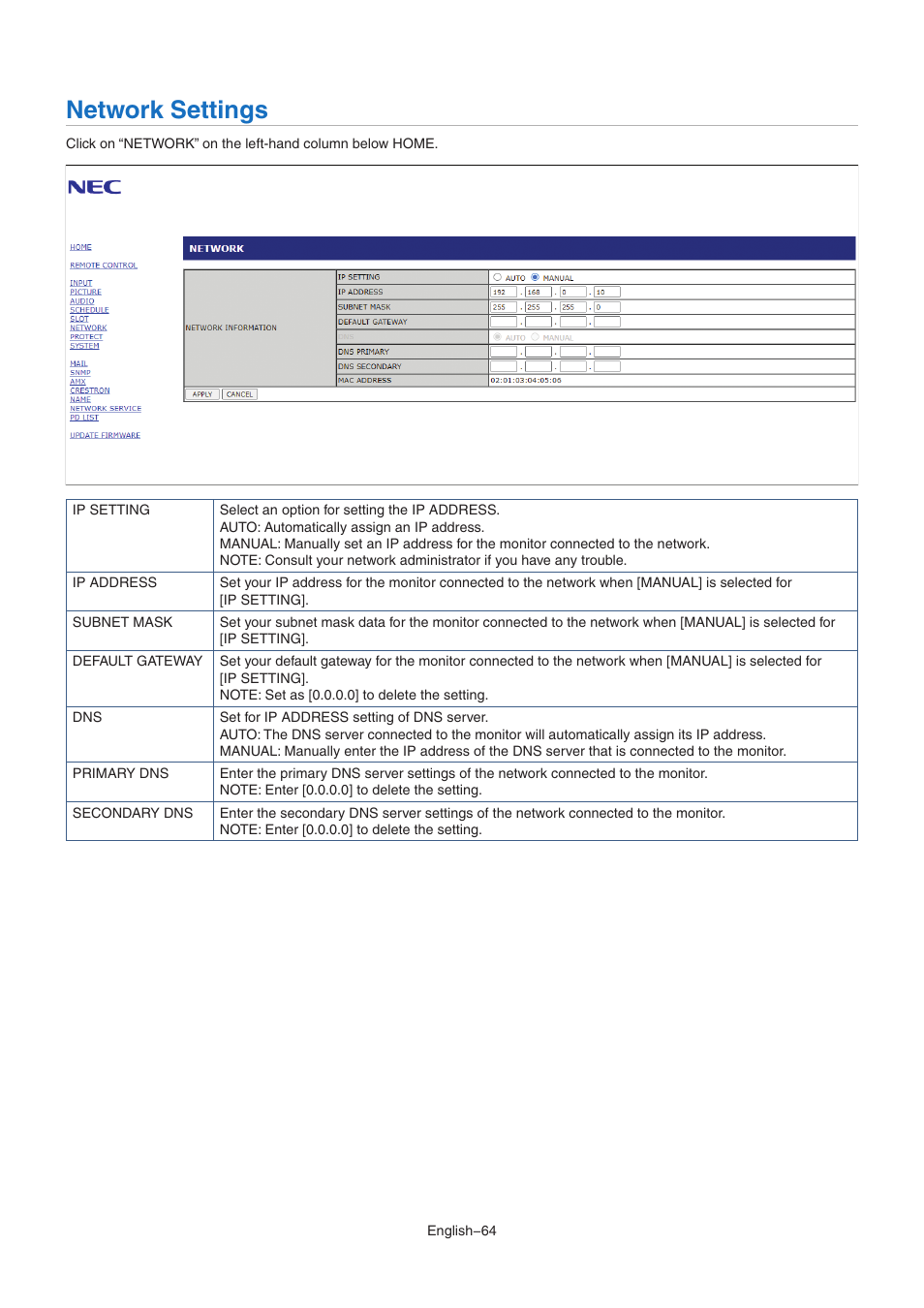 Network settings | NEC MA Series 43" 4K Commercial Display with Media Player and Raspberry Pi Compute Module 4 SoC User Manual | Page 68 / 113