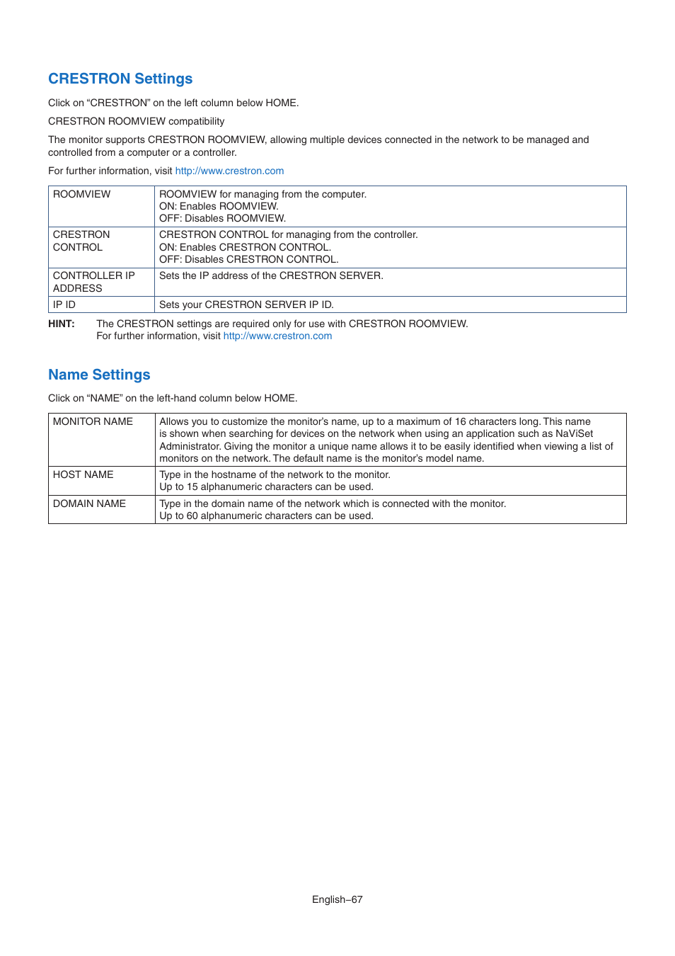 Crestron settings, Name settings | NEC MA Series 43" 4K Commercial Display with Media Player and Raspberry Pi Compute Module 4 SoC User Manual | Page 71 / 113