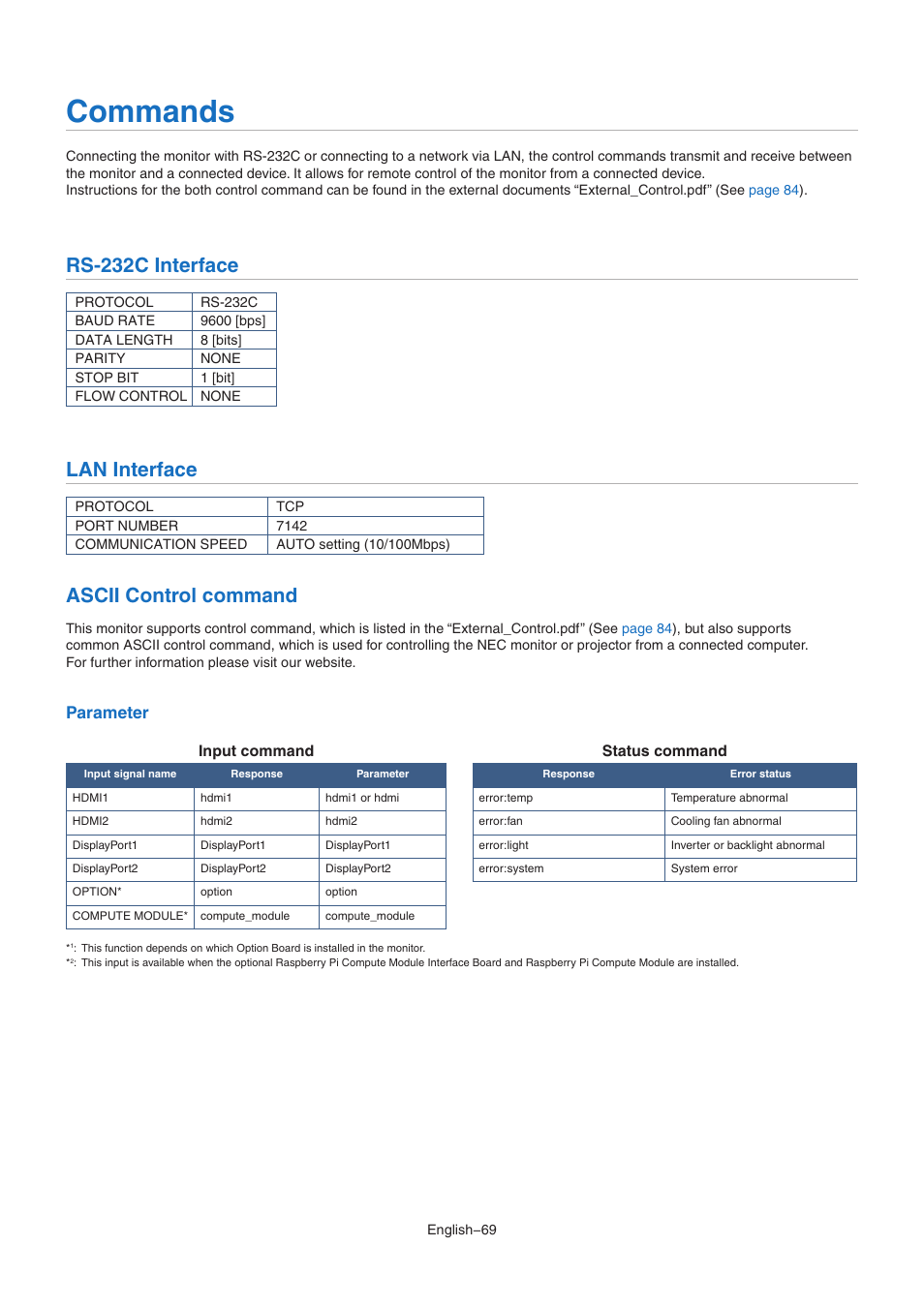 Commands, Rs-232c interface, Lan interface | Ascii control command, Parameter | NEC MA Series 43" 4K Commercial Display with Media Player and Raspberry Pi Compute Module 4 SoC User Manual | Page 73 / 113