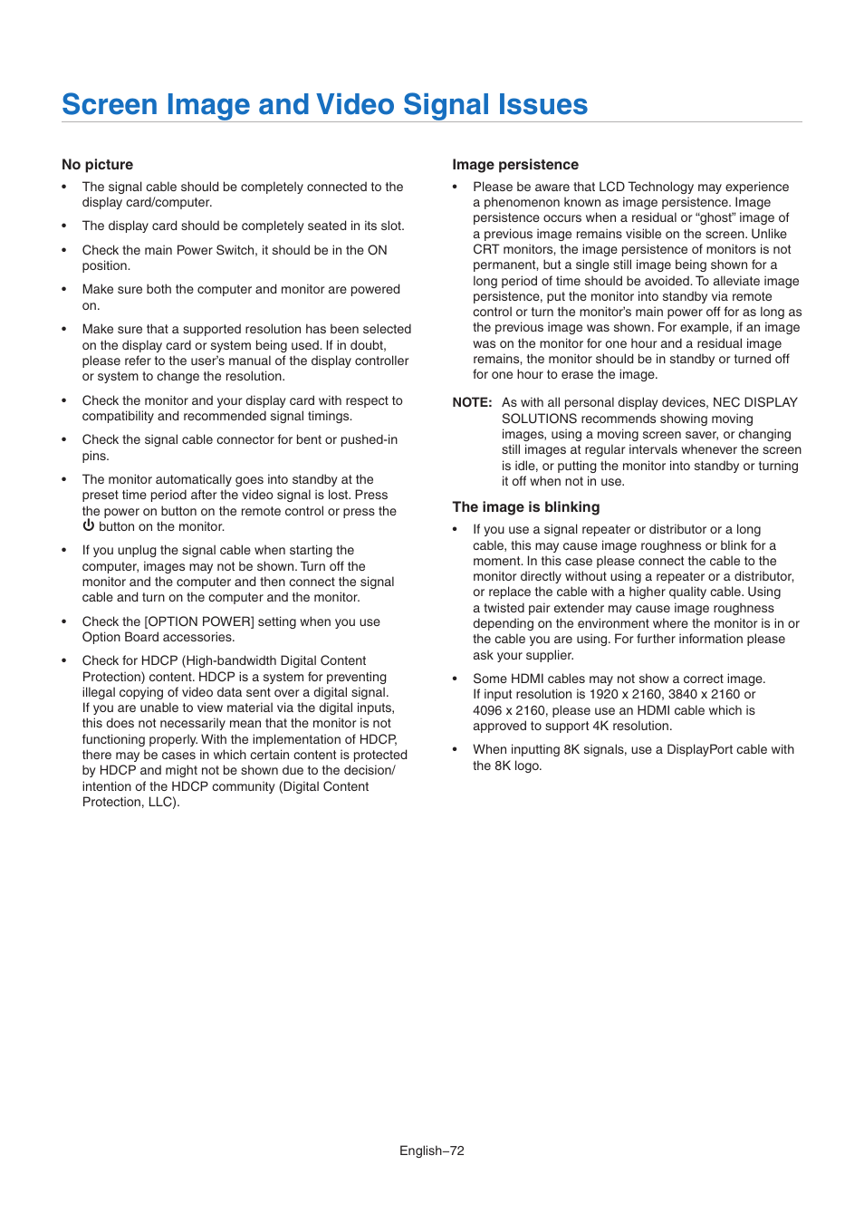 Screen image and video signal issues | NEC MA Series 43" 4K Commercial Display with Media Player and Raspberry Pi Compute Module 4 SoC User Manual | Page 76 / 113