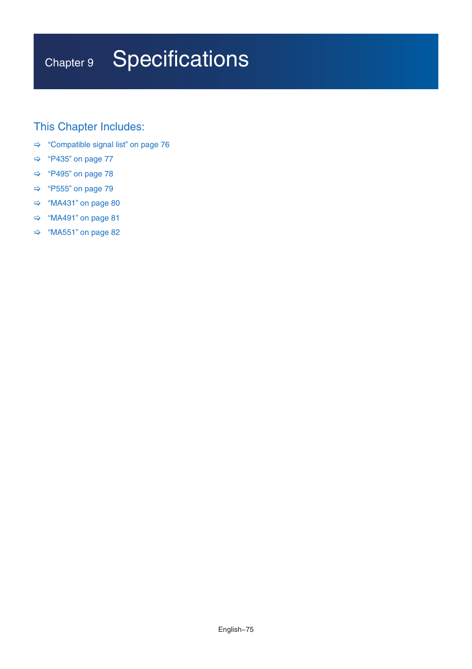 Specifications, Er to, Chapter 9 | This chapter includes | NEC MA Series 43" 4K Commercial Display with Media Player and Raspberry Pi Compute Module 4 SoC User Manual | Page 79 / 113