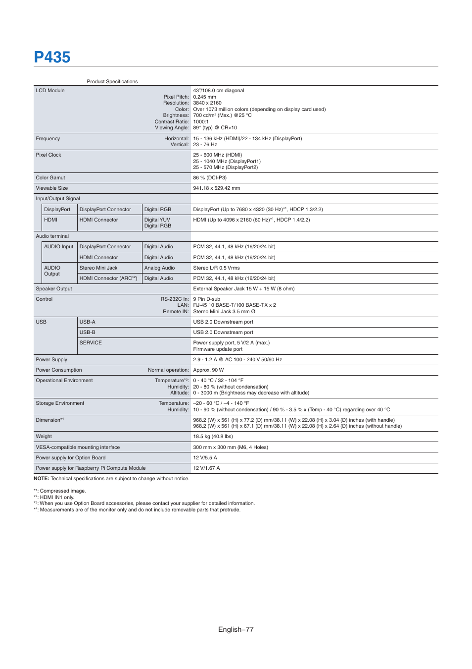 P435, Specification (see, Vided in the specifications (see | English−77 | NEC MA Series 43" 4K Commercial Display with Media Player and Raspberry Pi Compute Module 4 SoC User Manual | Page 81 / 113