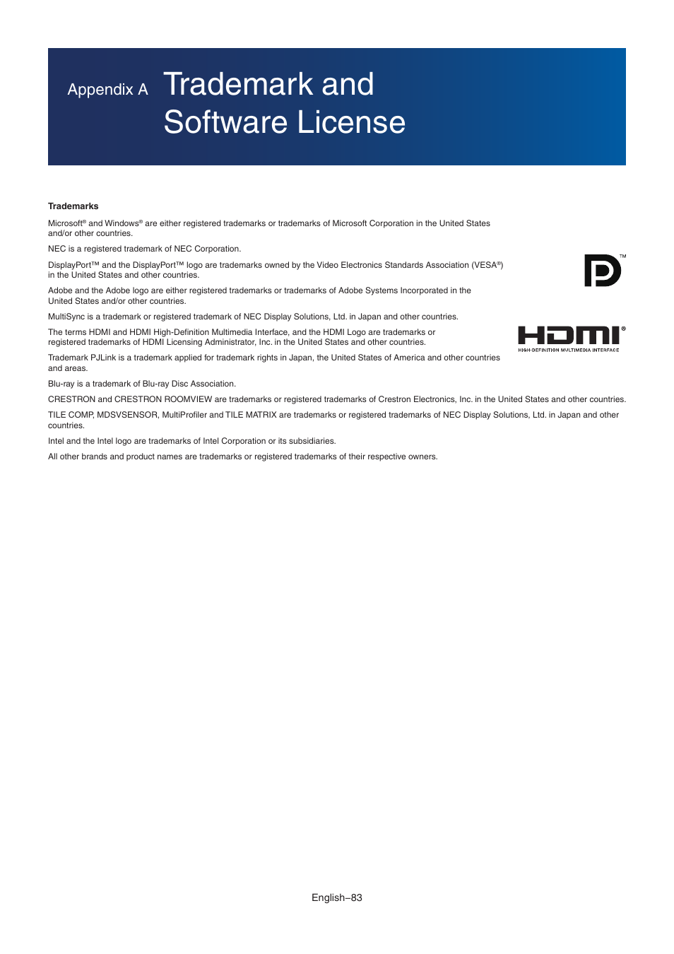 Trademark and software license, Appendix a | NEC MA Series 43" 4K Commercial Display with Media Player and Raspberry Pi Compute Module 4 SoC User Manual | Page 87 / 113