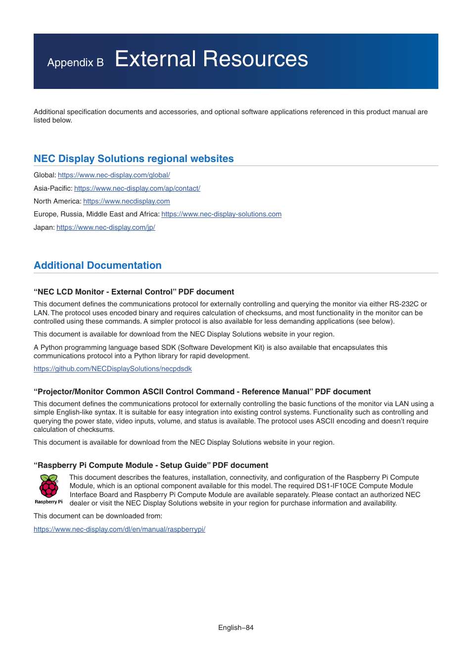 External resources, Appendix b, Nec display solutions regional websites | Additional documentation | NEC MA Series 43" 4K Commercial Display with Media Player and Raspberry Pi Compute Module 4 SoC User Manual | Page 88 / 113