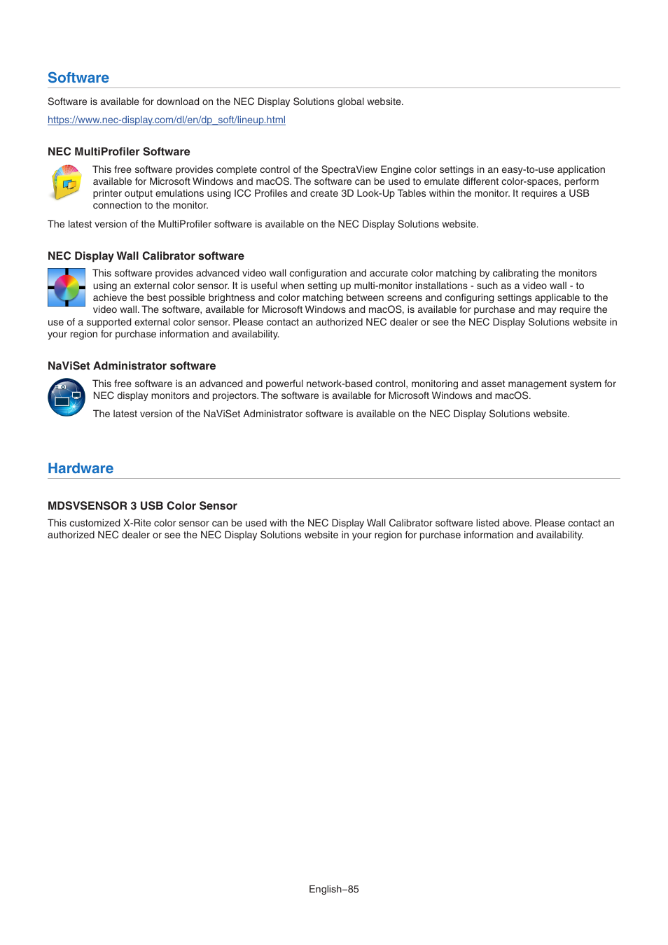 Software, Hardware | NEC MA Series 43" 4K Commercial Display with Media Player and Raspberry Pi Compute Module 4 SoC User Manual | Page 89 / 113