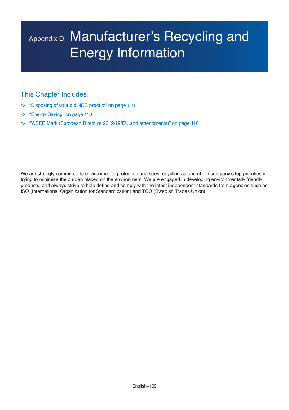 Manufacturer’s recycling and energy information | NEC M861 86" UHD 4K HDR Commercial Monitor User Manual | Page 113 / 114