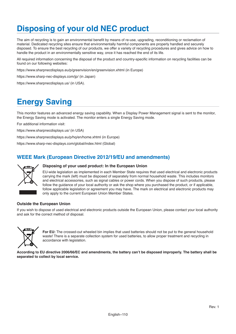 Disposing of your old nec product, Energy saving | NEC M861 86" UHD 4K HDR Commercial Monitor User Manual | Page 114 / 114