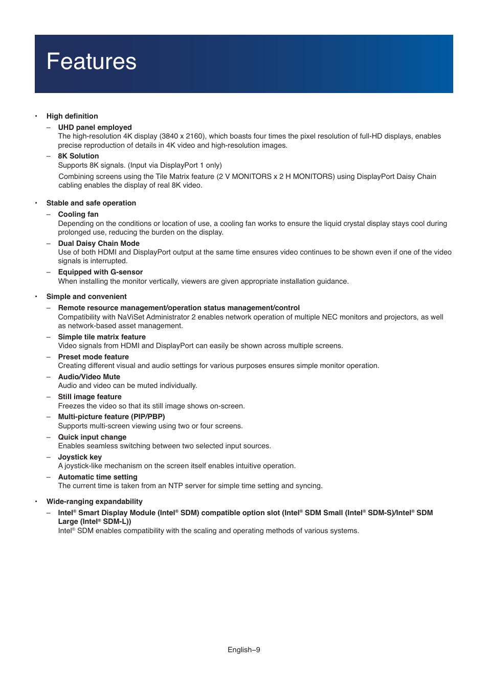 Features | NEC M861 86" UHD 4K HDR Commercial Monitor User Manual | Page 13 / 114