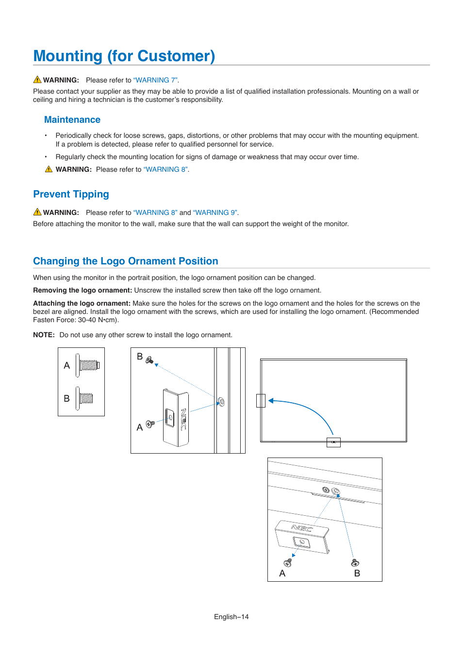 Mounting (for customer), Prevent tipping, Changing the logo ornament position | Maintenance | NEC M861 86" UHD 4K HDR Commercial Monitor User Manual | Page 18 / 114