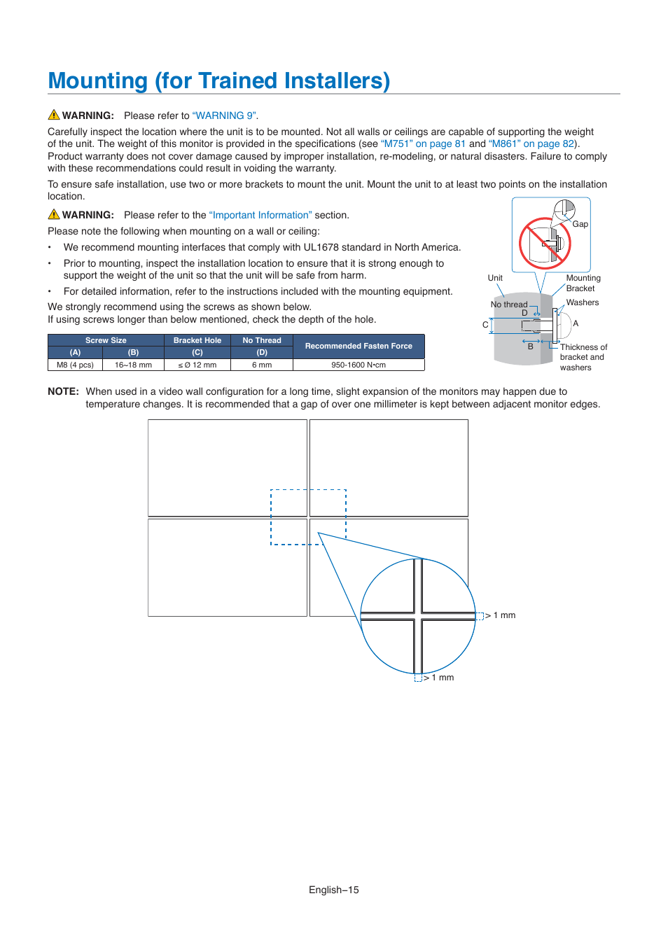 Mounting (for trained installers) | NEC M861 86" UHD 4K HDR Commercial Monitor User Manual | Page 19 / 114