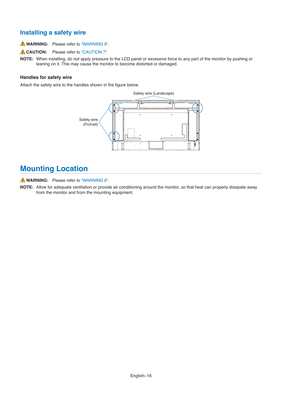 Mounting location, Installing a safety wire | NEC M861 86" UHD 4K HDR Commercial Monitor User Manual | Page 20 / 114