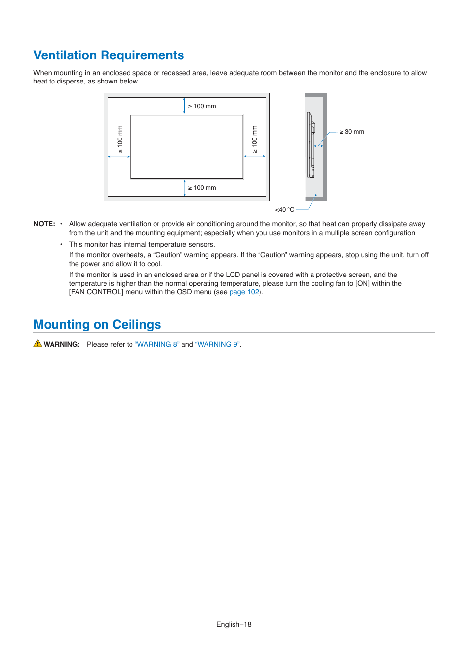 Ventilation requirements, Mounting on ceilings, Ventilation requirements mounting on ceilings | NEC M861 86" UHD 4K HDR Commercial Monitor User Manual | Page 22 / 114