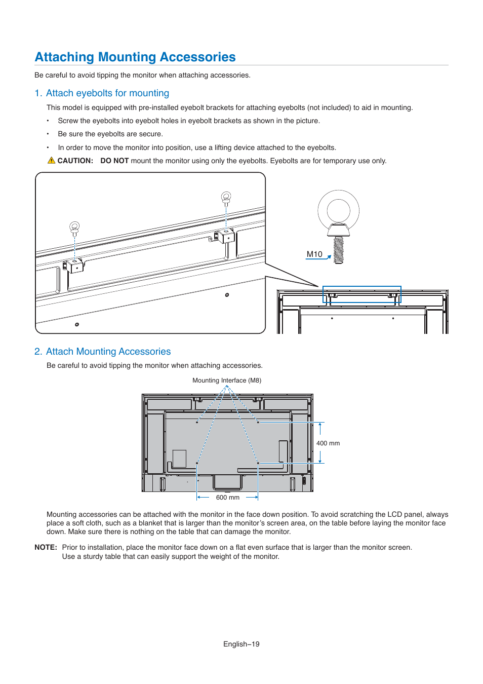 Attaching mounting accessories, Attach eyebolts for mounting, Attach mounting accessories | NEC M861 86" UHD 4K HDR Commercial Monitor User Manual | Page 23 / 114