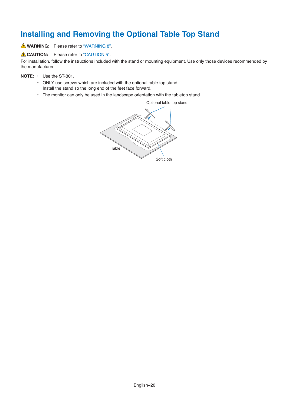 Installing and removing the, Optional table top stand | NEC M861 86" UHD 4K HDR Commercial Monitor User Manual | Page 24 / 114