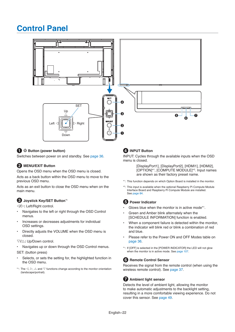 Control panel | NEC M861 86" UHD 4K HDR Commercial Monitor User Manual | Page 26 / 114