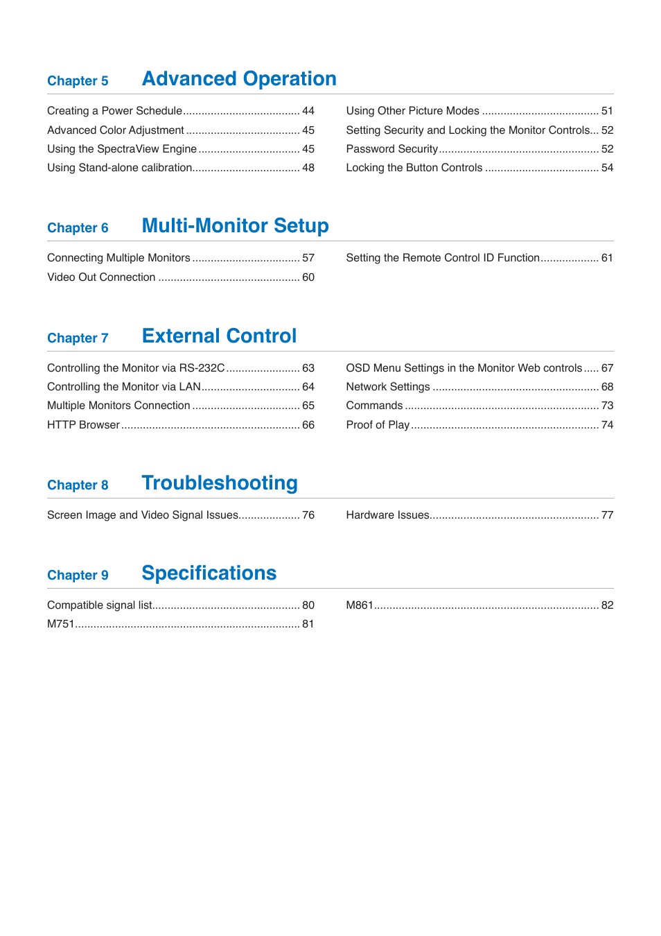 Advanced operation, Multi-monitor setup, External control | Troubleshooting, Specifications | NEC M861 86" UHD 4K HDR Commercial Monitor User Manual | Page 3 / 114