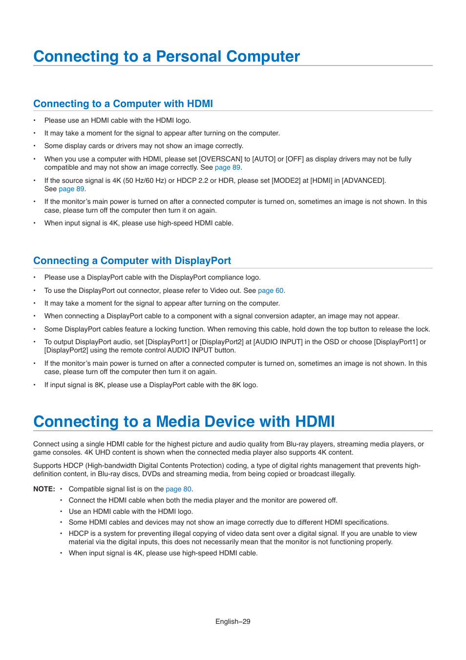 Connecting to a personal computer, Connecting to a media device with hdmi, Connecting to a computer with hdmi | Connecting a computer with displayport | NEC M861 86" UHD 4K HDR Commercial Monitor User Manual | Page 33 / 114