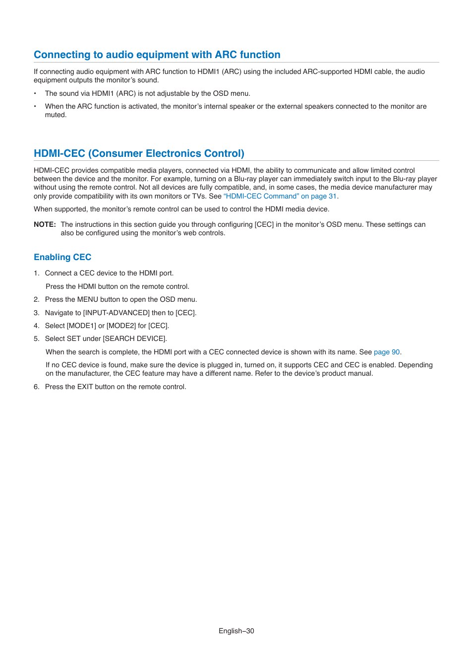 Connecting to audio equipment with arc function, Hdmi-cec (consumer electronics control) | NEC M861 86" UHD 4K HDR Commercial Monitor User Manual | Page 34 / 114